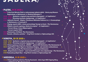 Plakat zawiera zaproszenie na Festiwal Sztuki Jabłka, który odbędzie się w dniach 19-21.09.2025 r. w Bełchatowie wraz z opisem harmonogramu imprezy.
