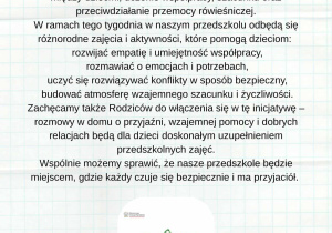 Plakat zawiera zdjęcie plecaków oraz informacje: Drodzy Rodzice... Nasze przedszkole włącza się w inicjatywę Ministerstwa Edukacji Narodowej - Tydzień Budowania Relacji. To ogólnopolska akcja, której celem jest wzmacnianie więzi między dziećmi, uczenie współpracy, szacunku oraz przeciwdziałanie przemocy rówieśniczej. W ramach tego tygodnia w naszym przedszkolu odbędą się różnorodne zajęcia i aktywności, które pomogą dzieciom: rozwijać empatię i umiejętność współpracy, rozmawiać o emocjach i potrzebach, uczyć się rozwiązywać konflikty w sposób bezpieczny, budować atmosferę wzajemnego szacunku i życzliwości. Zachęcamy także Rodziców do włączenia się w tę inicjatywę - rozmowy w domu o przyjaźni, wzajemnej pomocy i dobrych relacjach będą dla dzieci doskonałym uzupełnieniem przedszkolnych zajęć. Wspólnie możemy sprawić, że nasze przedszkole będzie miejscem, gdzie każdy czuje się bezpiecznie i ma przyjaciół.
