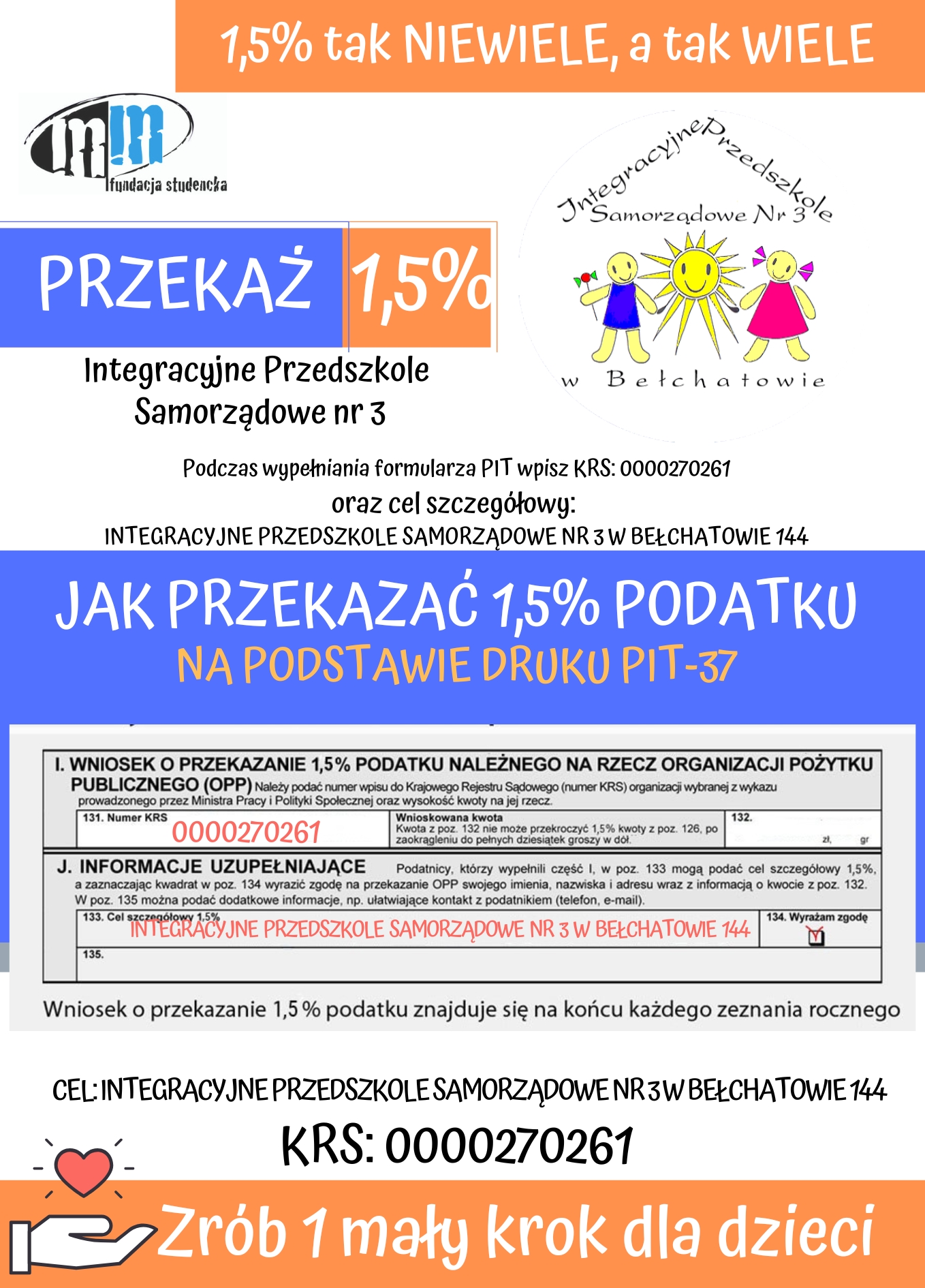 plakat z prośbą o przekazanie dla przedszkola 1,5% podatku
