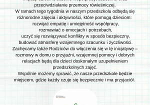 Plakat zawiera zdjęcie plecaków oraz informacje: Drodzy Rodzice... Nasze przedszkole włącza się w inicjatywę Ministerstwa Edukacji Narodowej - Tydzień Budowania Relacji. To ogólnopolska akcja, której celem jest wzmacnianie więzi między dziećmi, uczenie współpracy, szacunku oraz przeciwdziałanie przemocy rówieśniczej. W ramach tego tygodnia w naszym przedszkolu odbędą się różnorodne zajęcia i aktywności, które pomogą dzieciom: rozwijać empatię i umiejętność współpracy, rozmawiać o emocjach i potrzebach, uczyć się rozwiązywać konflikty w sposób bezpieczny, budować atmosferę wzajemnego szacunku i życzliwości. Zachęcamy także Rodziców do włączenia się w tę inicjatywę - rozmowy w domu o przyjaźni, wzajemnej pomocy i dobrych relacjach będą dla dzieci doskonałym uzupełnieniem przedszkolnych zajęć. Wspólnie możemy sprawić, że nasze przedszkole będzie miejscem, gdzie każdy czuje się bezpiecznie i ma przyjaciół.