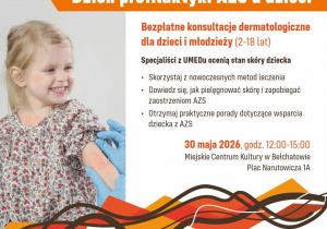 Plakat zawiera informacje: Prezydent Miasta Bełchatowa Patryk Marjan zaprasza na Dzień Profilaktyki AZS u dzieci 30 maja 2026 r w godzinach 12:00 – 15:00 w Miejskim Centrum Kultury w Bełchatowie.