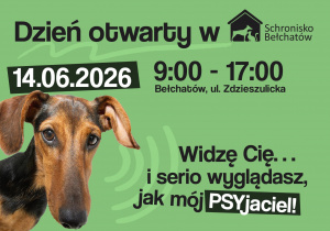 Plakat zawiera informację o Dniu Otwartym w Schronisku w Bełchatowie 14.06.2026 od godziny 9:00 do godziny 17:00