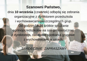 Na zdjęciu znajduje grupa dorosłych osób siedzących tyłem. Na tle zdjęcia zamieszczono informację o terminie i godzinie zebrania - 10 września 2026 godzina 16:30.