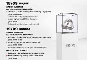 Plakat zawiera informacje dotyczące wydarzenia " Sztuka do wnętrz" organizowanego w ramach Festiwalu Jabłka