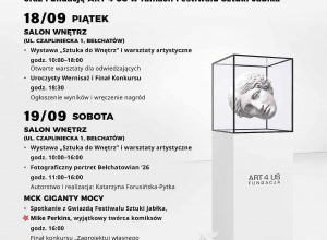 Plakat zawiera informacje dotyczące wydarzenia " Sztuka do wnętrz" organizowanego w ramach Festiwalu Jabłka