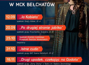 Plakat przedstawia młodą aktorkę oraz wykaz spektakli w jesiennej ofercie MCK BEŁCHATÓW