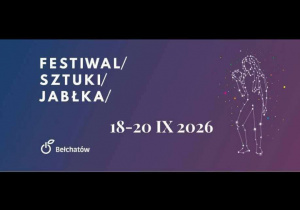 Plakat promujący Festiwal Sztuki Jabłka - na granatowym tle widoczny jest tytuł wydarzenia "Festiwal Sztuki Jabłka" 18 - 20.09.2026r. oraz logo miasta Bełchatowa i rysunek postaci kobiecej.
