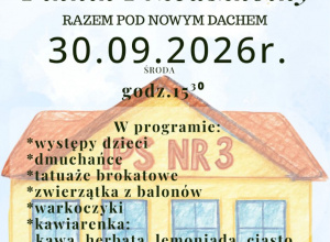 Plakat zawiera informacje dotyczące pikniku przedszkolnego. W tle widać żółty domek.