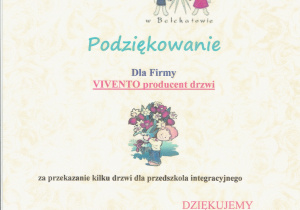 podziękowanie dla firmy Vivento za przekazanie drzwi do przedszkola